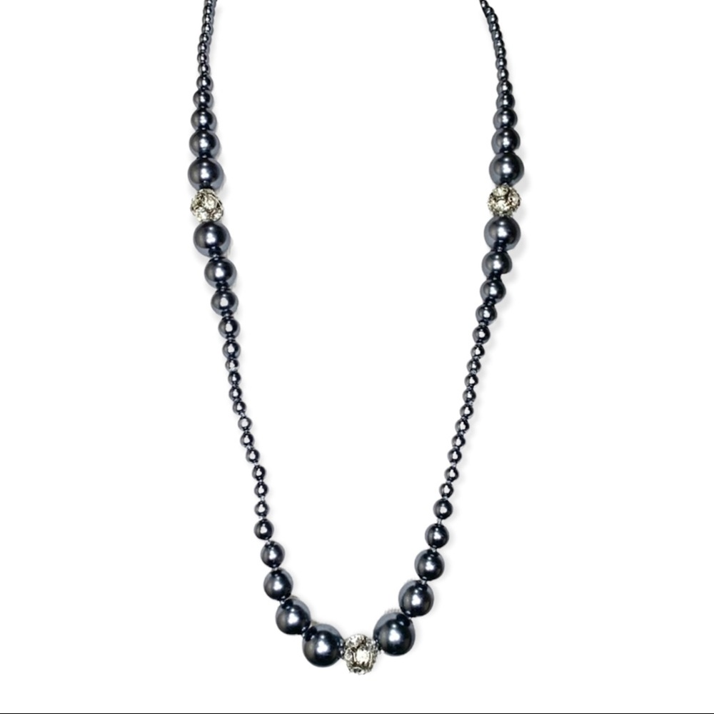 Long Gray Pearl and Clear Crystal Ball Beaded Infinity Necklace